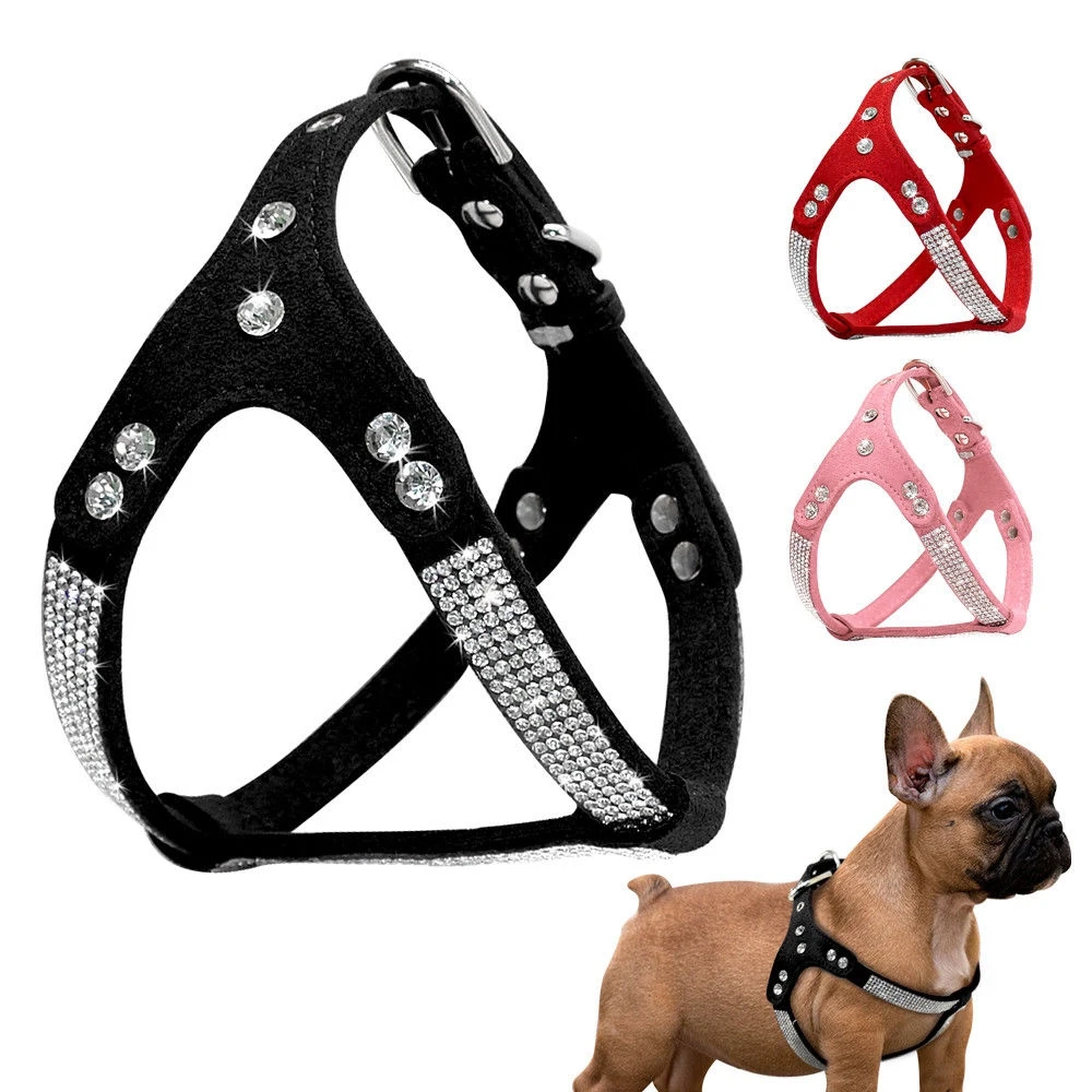 Bling Rhinestone Suede Leather Dog Harness Vest for Small Medium Dogs Pet Puppy