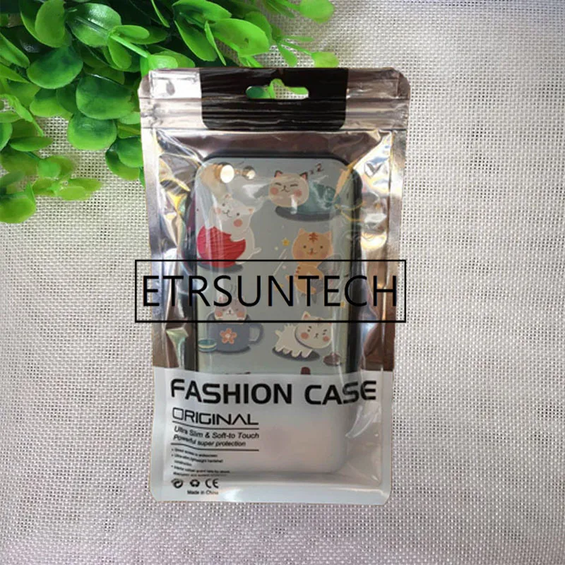 500pcs clear/silver seal zipper plastic bag pack retail packaging bags for cellphone phone case package with hang hole