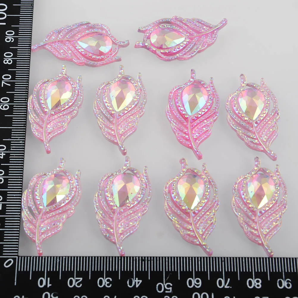 BOLIAO 10Pcs 20*38mm( 0.79in*1.5in ) Peacock Leaf Resin Shining Pink Crystal Flatback No Hole Glue Home Holiday Decoration