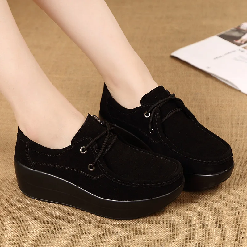 New Spring Autumn Shoes Woman Cow Suede Leather Flat Platform Women Shoes Lace-Up Women\'s Loafers Thick Sole Female Sneakers