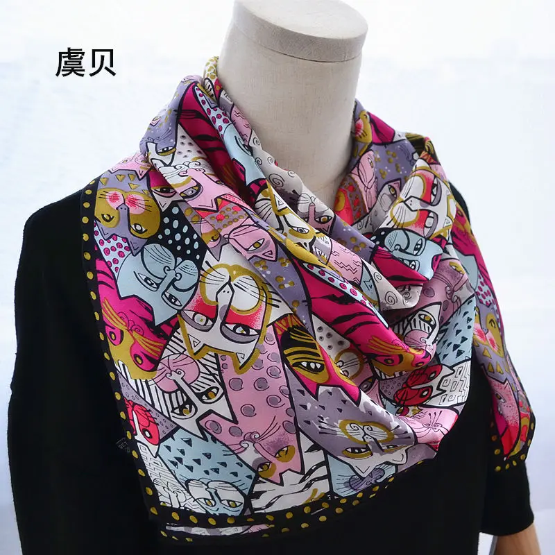 Cartoon cat 100% real natural silk scarf for girl and woman scarves gift spring autumn winter square scarves female wrap 85*85cm