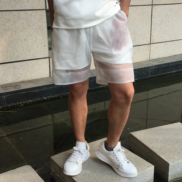 

Clear Transparent Organza Light Weight Trousers Man Sexy Costumes Black White Hip Hop Heap Loosen See Through Shorts