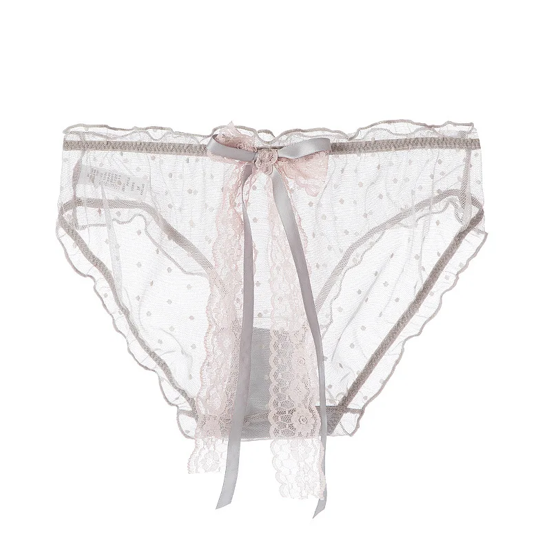 Dot Mesh Breathable Women Panties Sexy Hollow Transparent Female Underwear Bow Tie Ribbon Cute Lovely Lace Low Waist Breifs