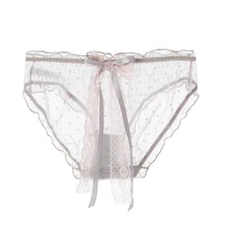 Dot Mesh Breathable Women Panties Sexy Hollow Transparent Female Underwear Bow Tie Ribbon Cute Lovely Lace Low Waist Breifs