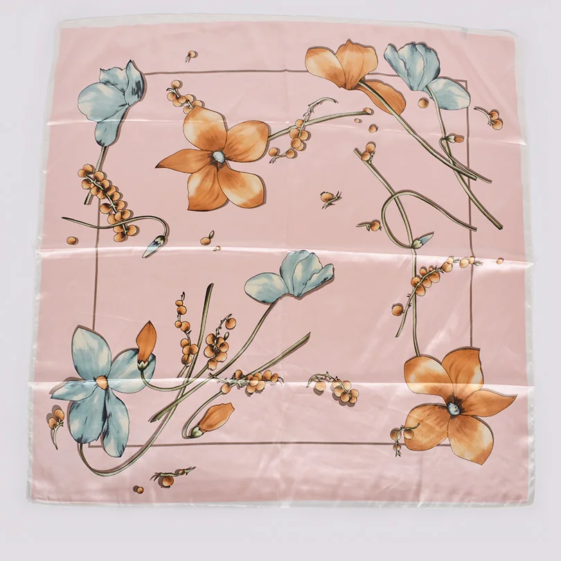 [BYSIFA] White And Pink Silk Scarf Shawl Fashion Brand Floral Satin Square Scarves Hijabs Autumn Winter Headscarves Wraps 90*90