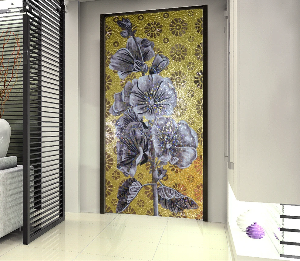 1.2x2.4m, Kapok Flower Glass Mural Mosaic Wall Tiles, Luxury Gold Porch Aisle Restaurant Background Wall