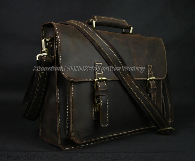 Vintage Crazy Horse Genuine Leather Briefcase Men Briefcase Leather Business Briefcase male Tote 15.6\