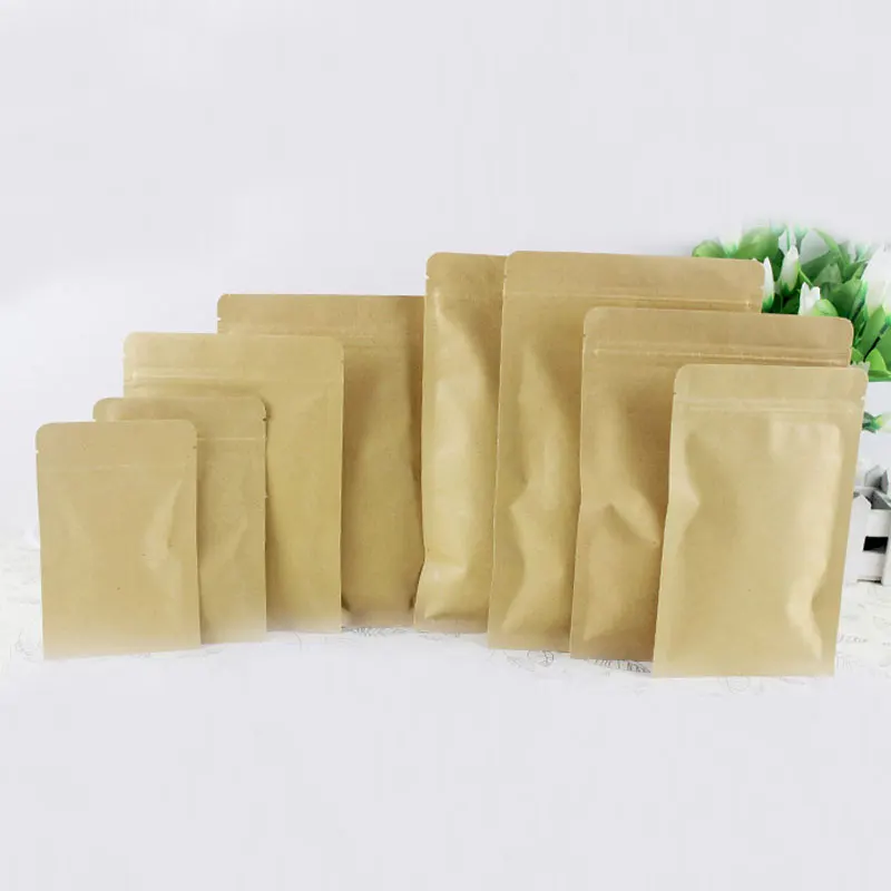 100pcs Flat Brown Gift Bag Paper Kraft Bag Aluminum Foil For Wedding/Candy/Tea Kraft Bags Craft No Stand Up Ziplock Packing Bag