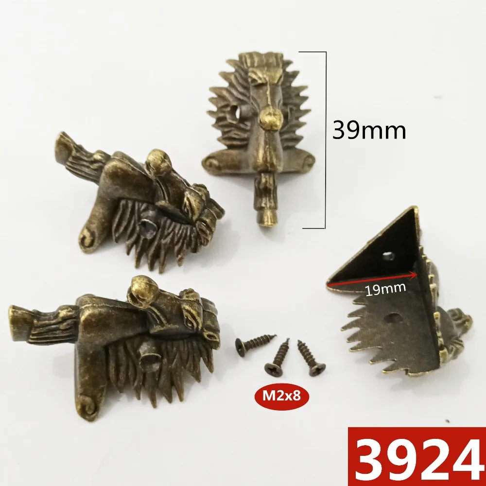 4pcs/Lot Box Feet Leg Brass Horse Head Antique Wood Corner Protector Decorative Bracket Bronze Furniture Hardware 39x24mm