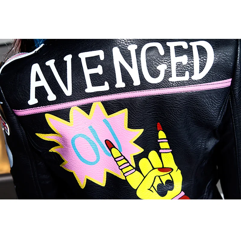 Punk Rock Leather Jacket Women Fashion 6XL Graffiti Print Leather Coats and Jackets Crazy Style Rivets and badge Decor
