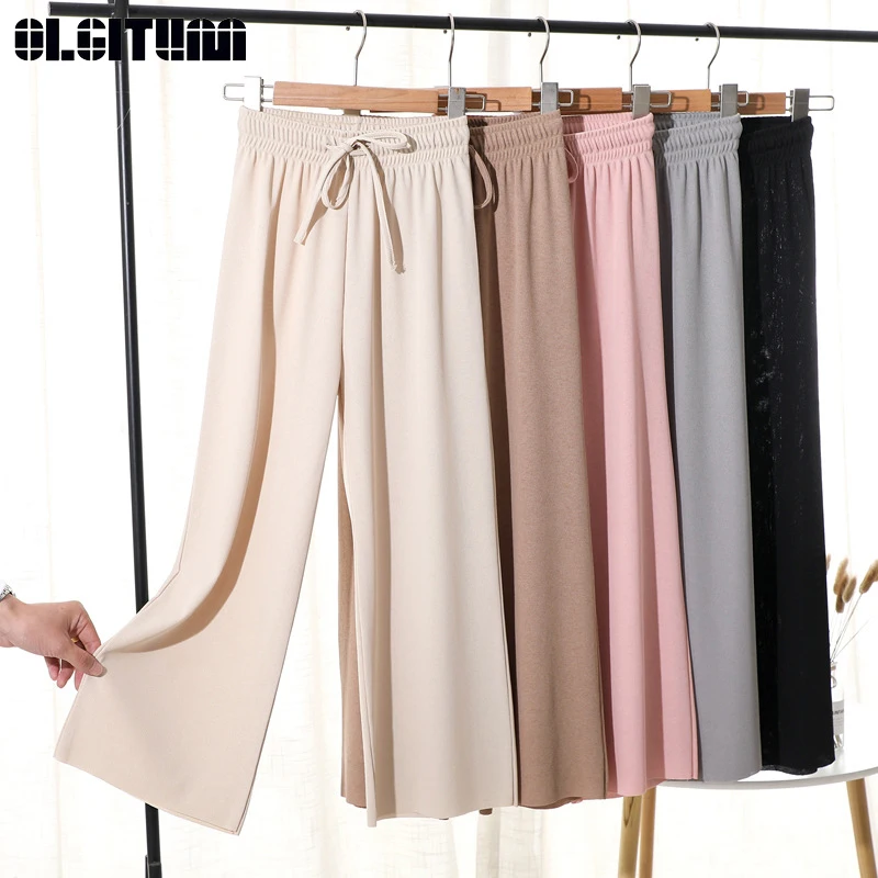 Women Summer Soft Silk Knit Wide Leg Pants Khaki Loose Ankle Length Pants Casual Elastic Waist High Waist Straight Trousers