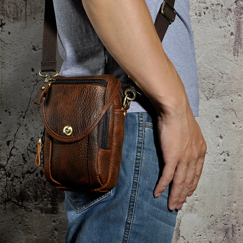 Real Leather Men Design Casual Multifunction Small Messenger Crossbody Bag Fashion Waist Belt Bag Hook Pack 5\