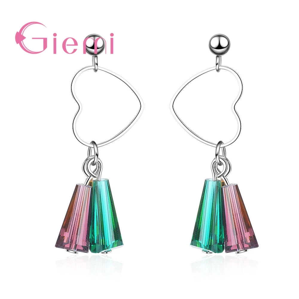 Elegent Top Quality Charming Heart Multiple Colors Rhinestone Crystal 925 Sterling Silver  Drop Earring For Women Jewelry