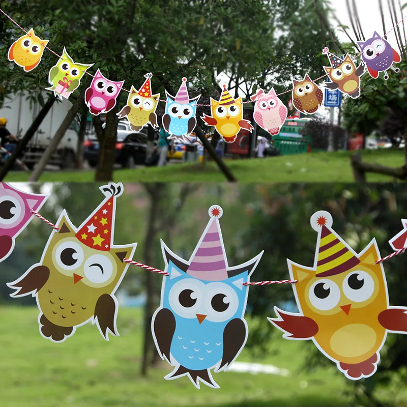 400Set/lot Happy Birthday Paper Owl Flags Bunting Banners Letter Garlands Baby Boy&Girl Kids Birthday Party Decorations