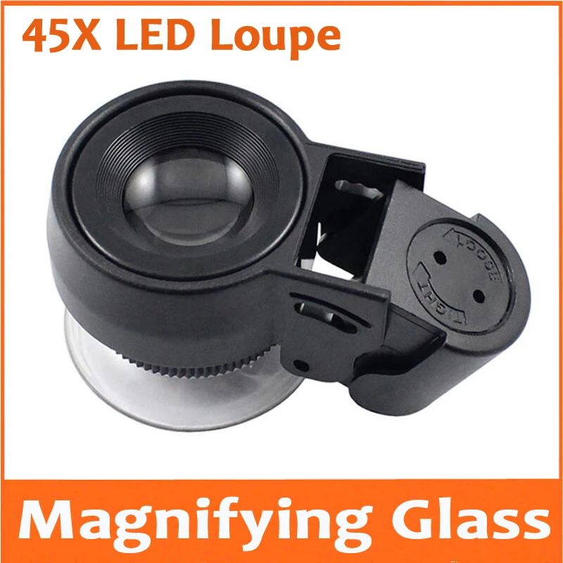 Vezes 21 mm Foco Led Iluminado Ajustável Lupa 45x Bolso Lupa Mini Plástico Jóias Selo de Leitura Vidro 45