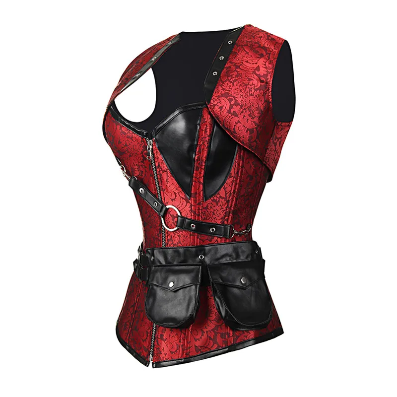 3 Colors Retro Gothic Corset With Mini Jacket and Pouch Belt Woman Sexy Steel Boned Corset Steampunk Corsets Leather Espartilhos