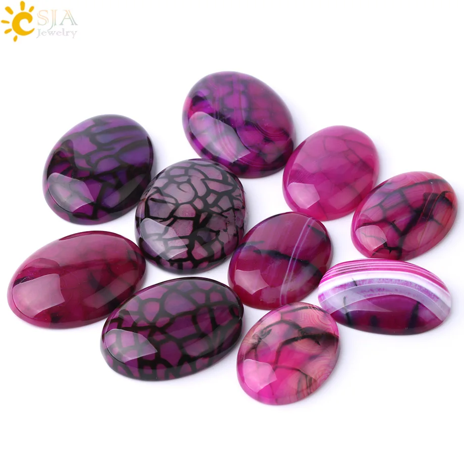 CSJA Natural Cabochon Stone Beads Rose Red Striped Agates Semi-Precious Oval CAB for DIY Handmade Jewelry Making Needlework F836