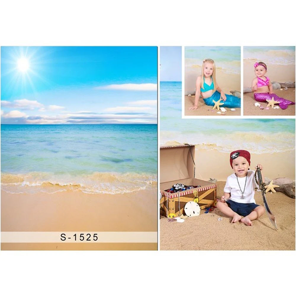 

Blue Sky and Sea Sandy Beach Background for Photo Studio Printed Sun Clouds Kids Princess Little Mermaid Photography Backdrops