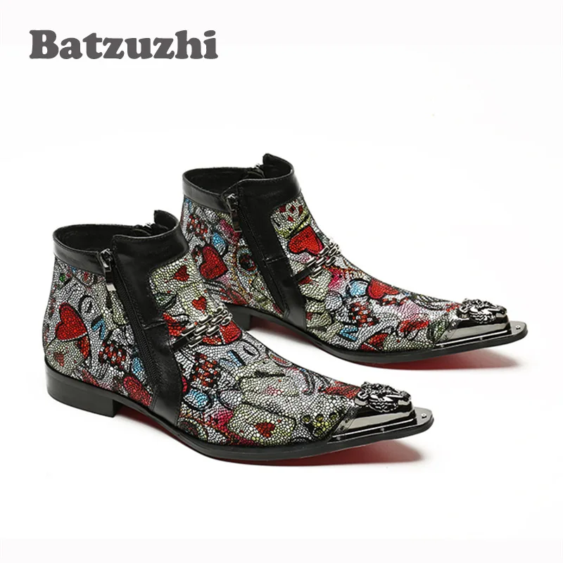 

Batzuzhi Pointed Iron Toe Men Boots Italian Style Handmade Designer Short Boots Leather Zipper High Help Men's Boots Colorful