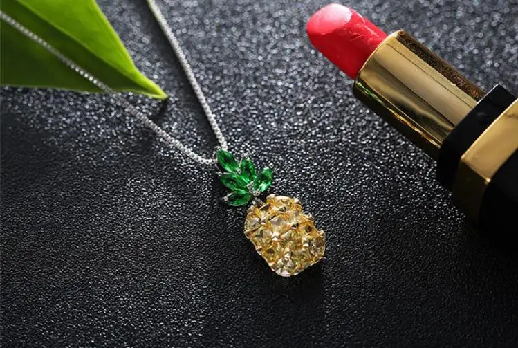 Sweet Pineapple Fruit Shine Cubic Zirconia Platinum Plated Ladies Pendant Necklaces Jewelry For Women No Fade Short Chains