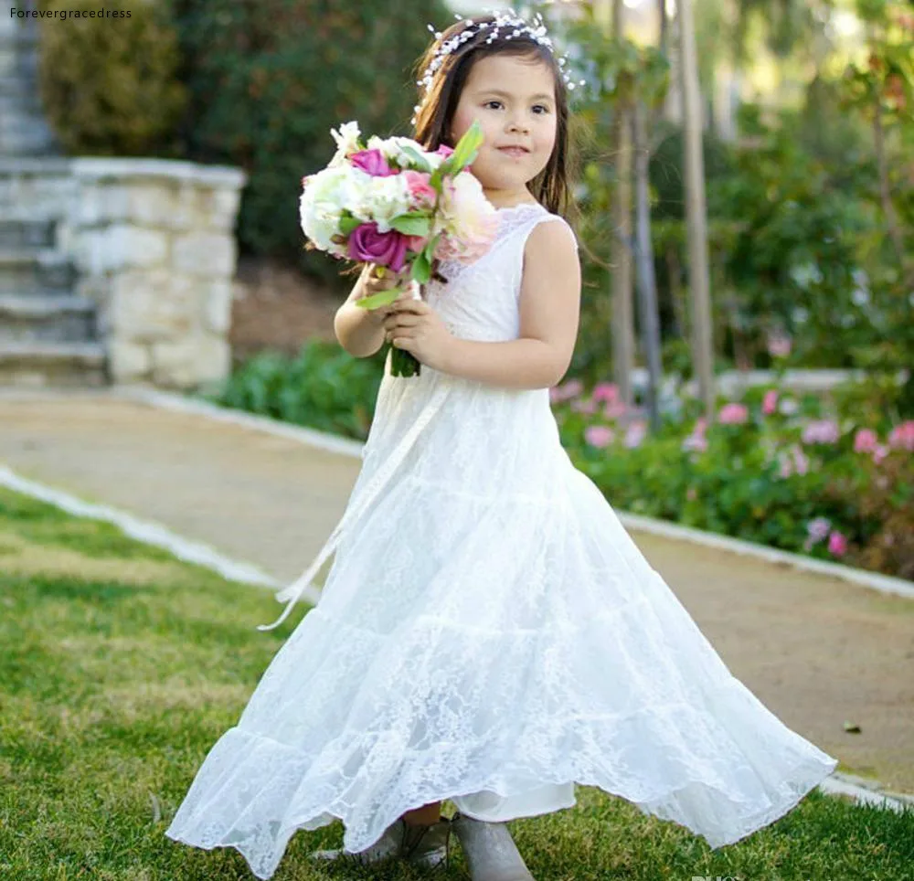 Lovely Cute Flower Girls Dresses Boho V neck Lace Daughter Toddler Pretty Kids Children Formal First Holy Communion Gowns