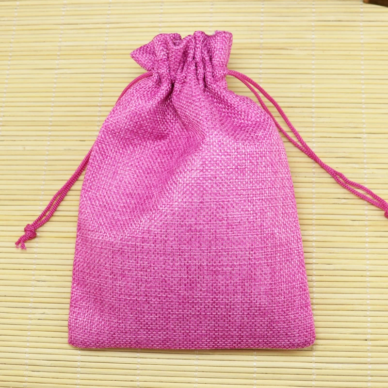 

10*14cm 100pcs Plain hot pink linen jute bag necklace jewelry package bag small drawstring gift bag Wedding favors packaging bag