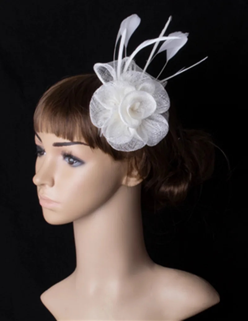 Elegant Ladies Women Red Fascinator Hats White Sinamay Floral Chapeau Hat Wedding Feather Headpiece On Hair Combs Summer MYQ056