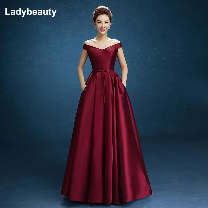 Ladybeauty New Arrive Party Prom Dress Vestido de Festa Boat Neck satin Lacing Bow long style dress Custom size