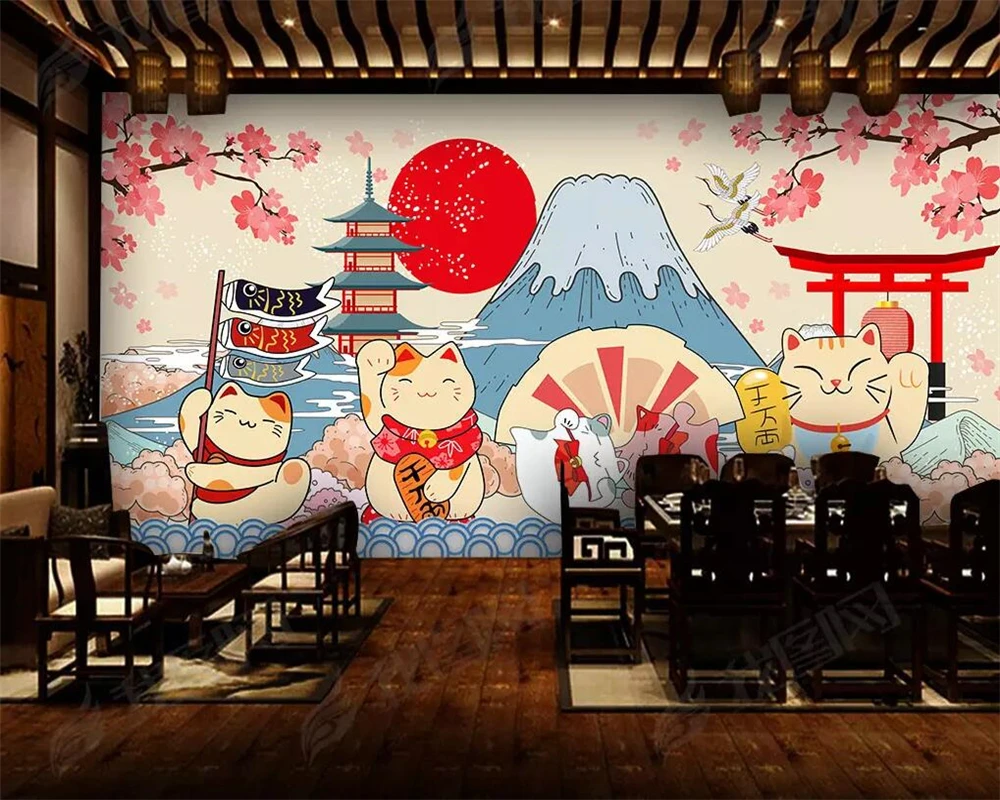 Beibehang Custom wallpaper Japanese style Fujiyama cartoon mural Japanese food sushi restaurant background walls 3d wallpaper