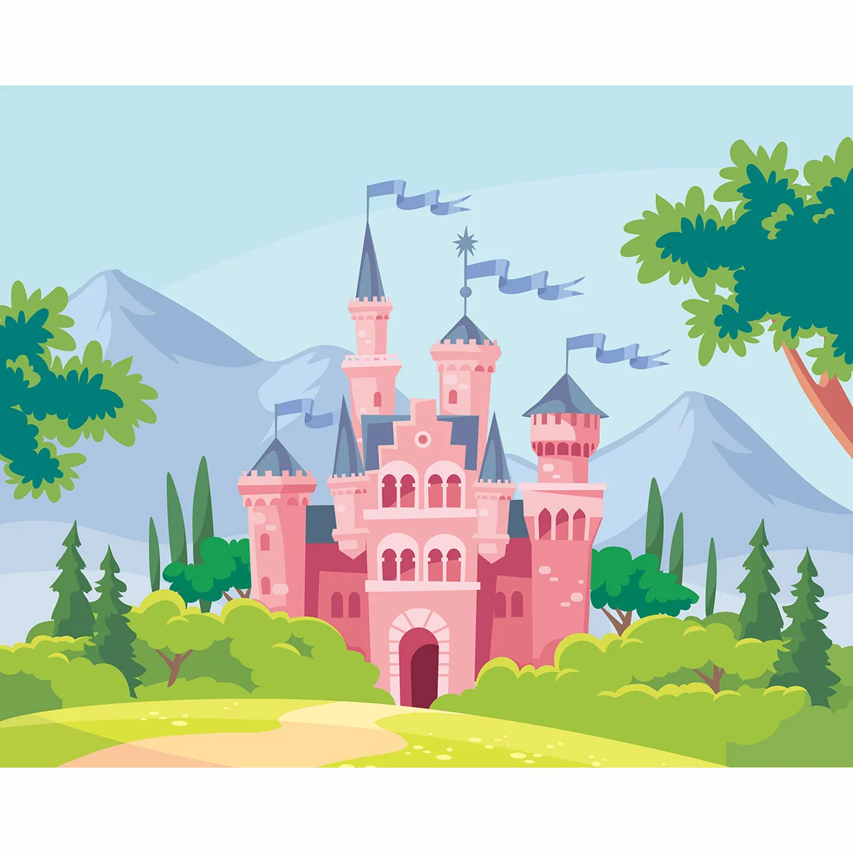 خلفية للتصوير من Allenjoy مع قلعة وردية وأشجار خضراء وغابة وتلة وخلفية بنمط الخيالية كاميرا استوديو للتصوير الفوتوغرافي