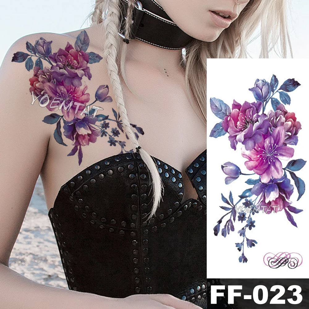 Lila Aquarell Rose Lilie Blume Wasserdichte Tattoo Aufkleber Frauen Körper Brust Kunst Temporäre Tatto Mädchen Taille 3D Blumen Tatoo