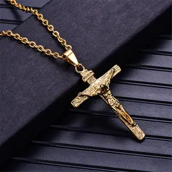 Men Chain Christian Jewelry Gifts Vintage Cross INRI Crucifix Jesus Piece Pendant & Necklace Gold Color Stainless Steel