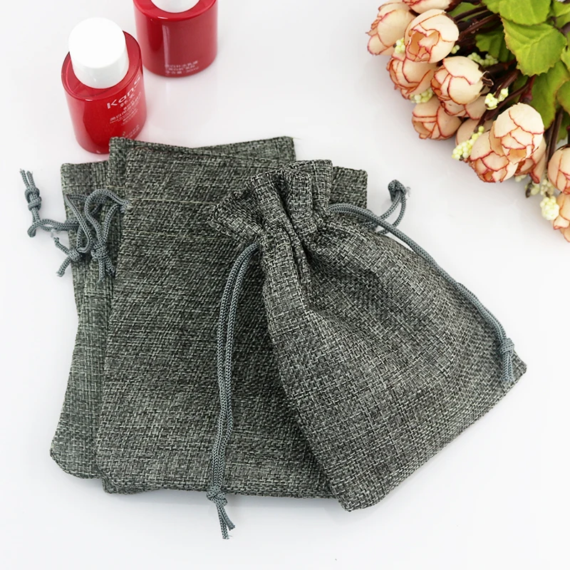 

10x14cm 50pcs/lot Gray Jute bags handmade gift bag Custom Drawstring Pouches burlap jewelry packaging bags for Weddings Parties