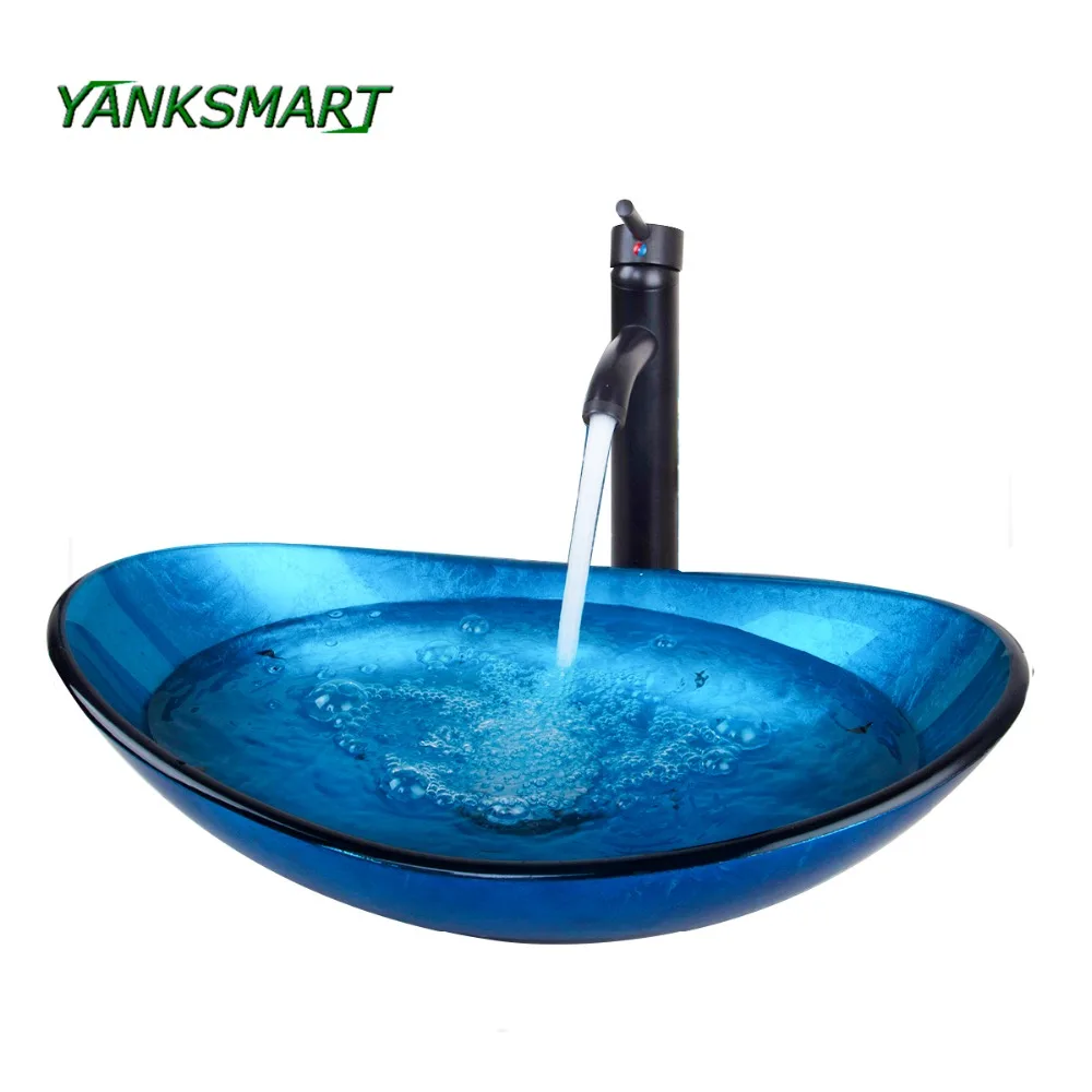 

YANKSMART Artist Bathroom Oval Blue Tempered Glass Oval Wash Basin Sink Mixer Faucet Chrome Pop-up Drain Washbasin Combo Kit