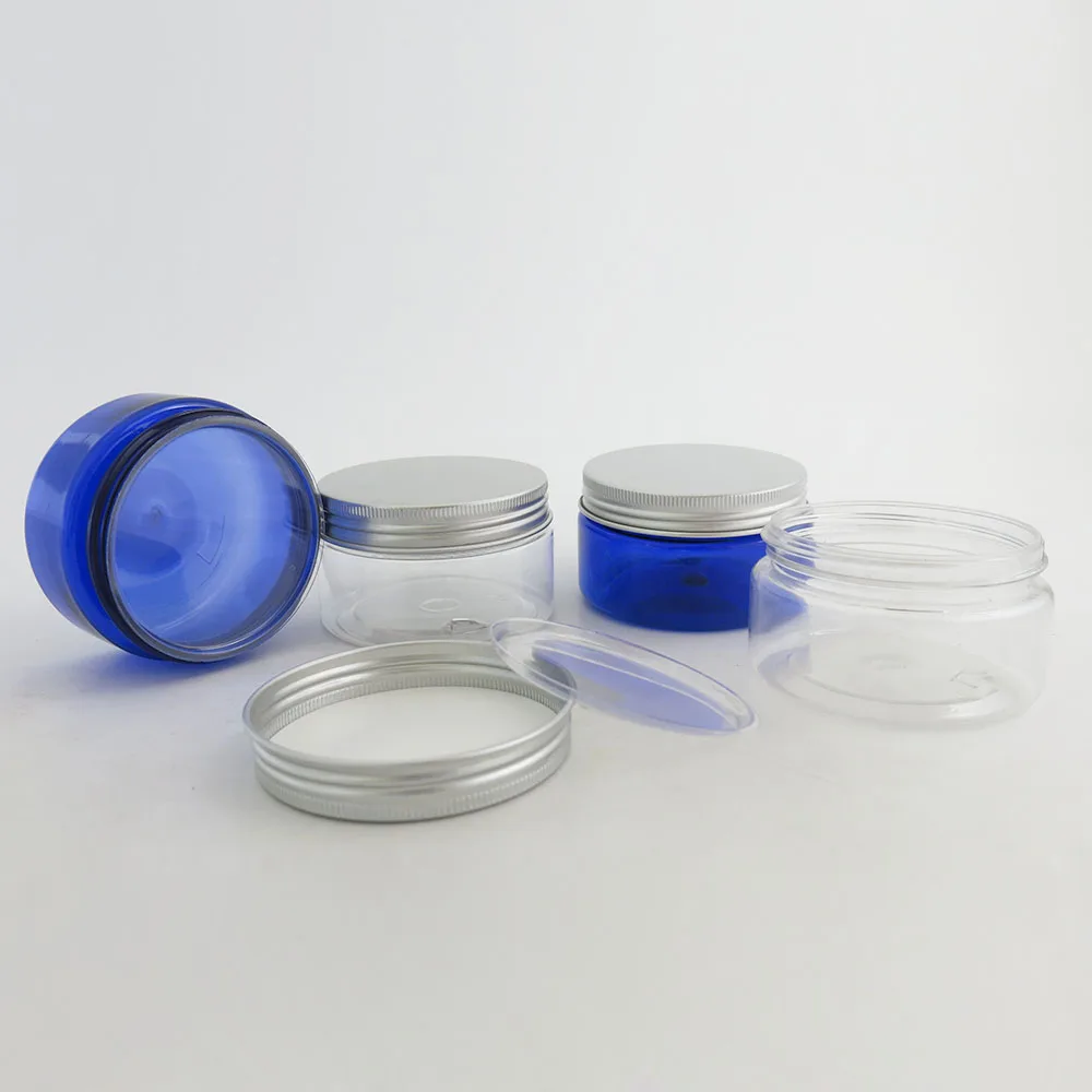 

24 x 100g DIY Mini Portable Blue Clear Jar Pot Box Makeup Nail Art Cosmetic Cream 100ml Box Aluminium Cap Container Plastic Jar