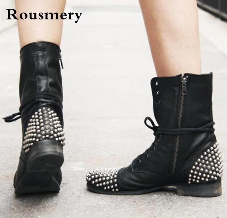 

2018 Spring New Brand Women Black Spike Rivets Lace Up Zipper Flat Short Ankle Booties Motorcycle Punk Boots Big Size 46