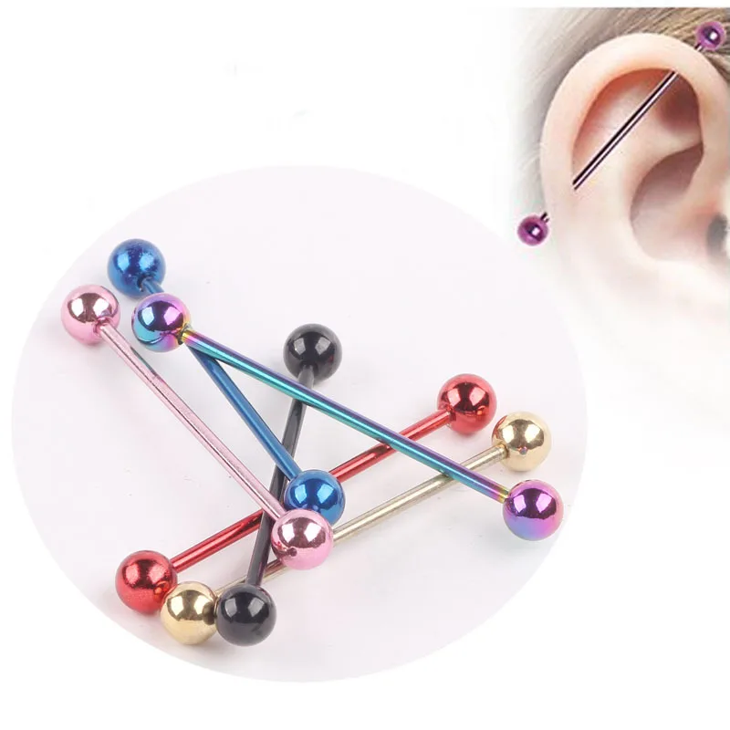 50pcs/lot wholesale mix color stainless steel ear piercing industrial barbell fake ear gauges piercing tragus cartilage earring