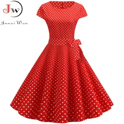 Summer Polka Dot Dress Women Elegant Short Sleeve A-Line Midi Party Dress Sundress Robe Rockabilly Vestidos