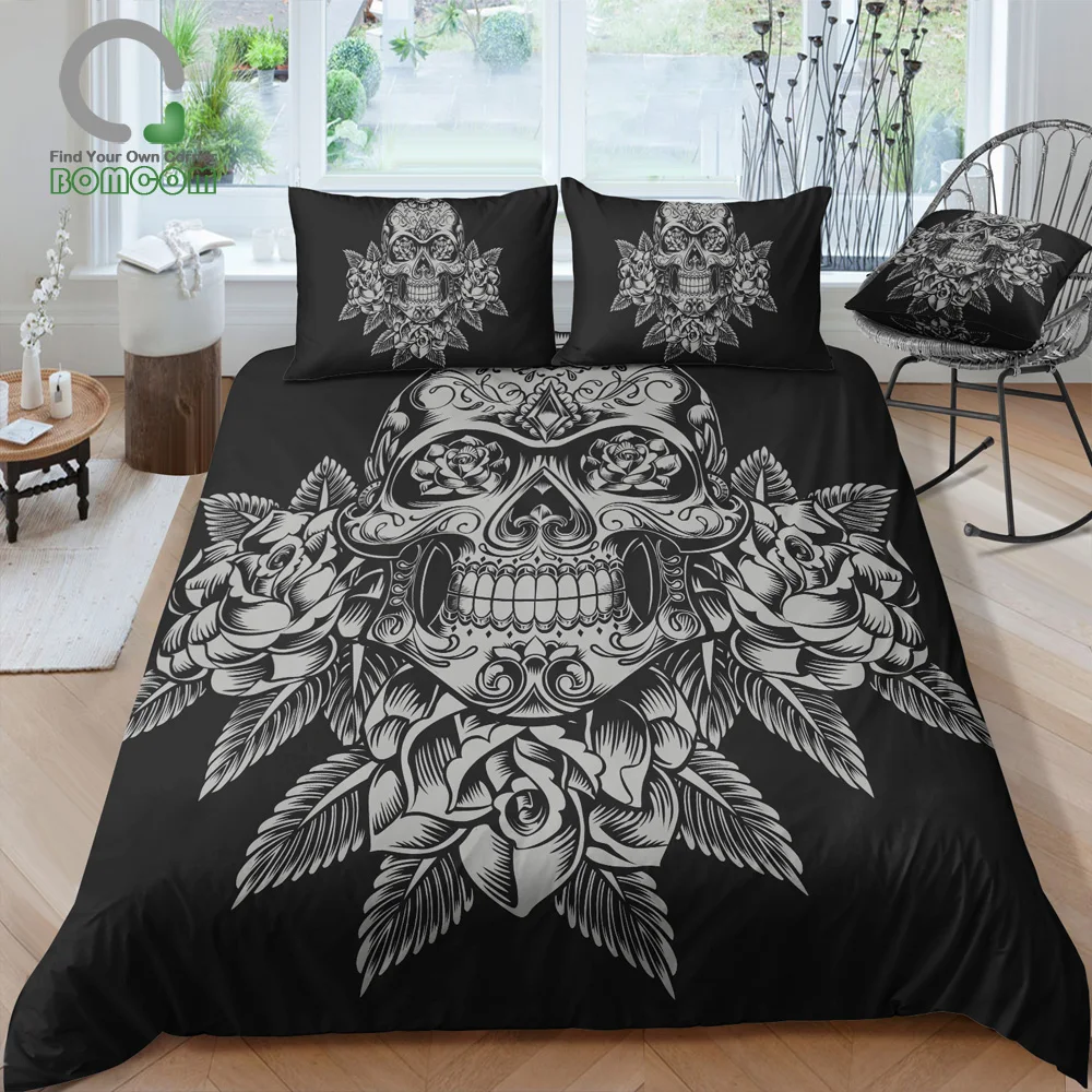 BOMCOM 3D Digital Printing Duvet cover set Sugar Skull and Roses with Tattoo black and white Bedding Set 100% Microfiber