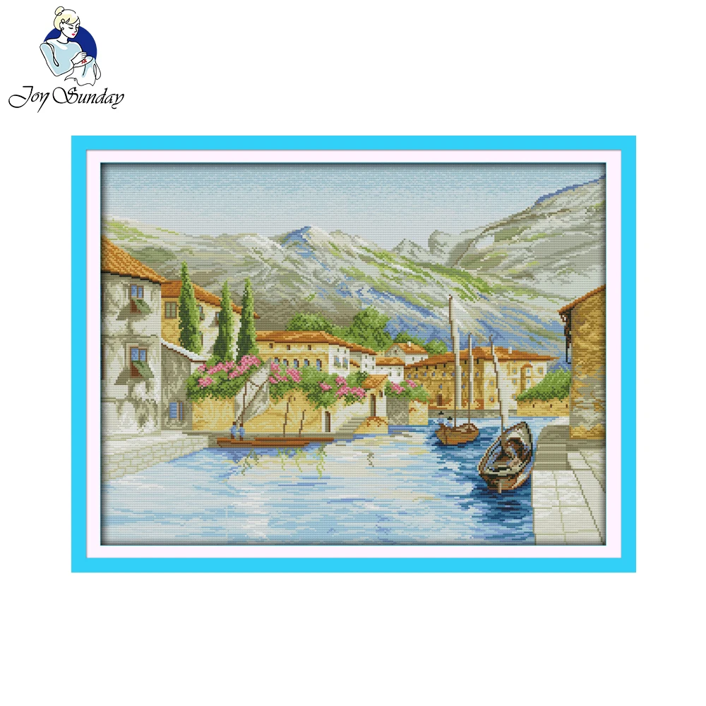 

Joy Sunday scenic style A lake side town scenery counted and stamped 11CT 14CT cross stitch patterns free ship for home deceor