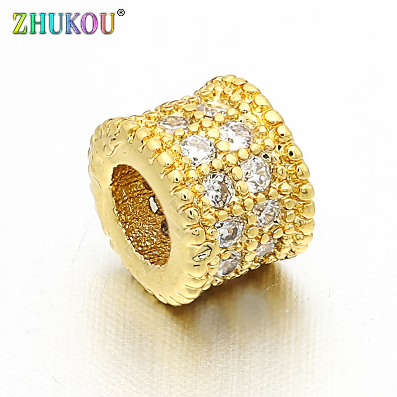 2Pcs/lot,W6mm*H5mm Brass Cubic Zirconia Round Spacer Beads DIY Jewelry Bracelet Necklace Making, Hole: 3mm, Model: VZ97