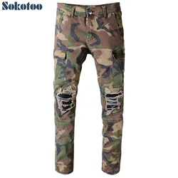 Sokotoo Men's camouflage printed patchwork biker jeans for moto Slim fit straight army green pockets cargo denim pants