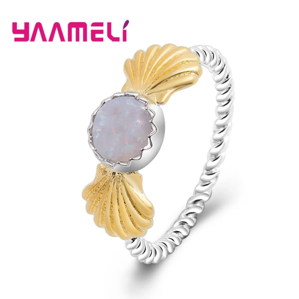 YAAMEL Two Gold Shell With Opal Like Candy Shape Finger Rings Excellent 925 Sterling Silver Crystal Jewelry For Women Girlfriend