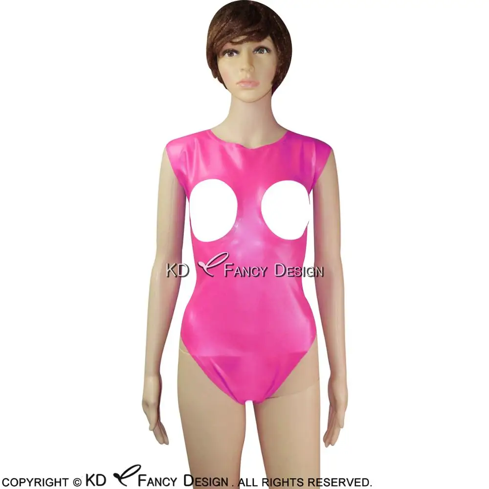 

Rose Red Sexy Latex Swimsuit High Cut Leg With Breasts Open Body Suit Catsuit Rubber Bodysuit Zentai LTY-0033