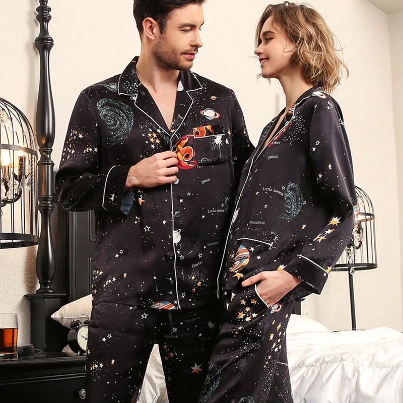 Real Silk Pajama Female Summer Long-Sleeve Silkworm Silk Couple Sleepwear Black Starry Sky Male Pajamas Two-Piece Sets T8197QL