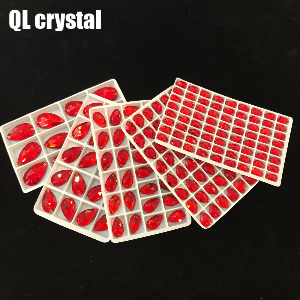 QL Crystal 2018 popular  Red Drops Sew On Crystals for Craft Sewing On Rhinestone 2 Holes DIY Garment Dress Making