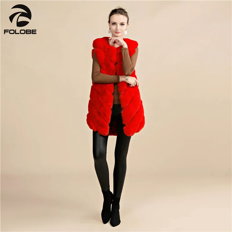 Folobe inverno colete casaco para mulher natural real do falso casacos de pele vermelho sem mangas longo jaqueta gilet fourrure manteau mulher roupas