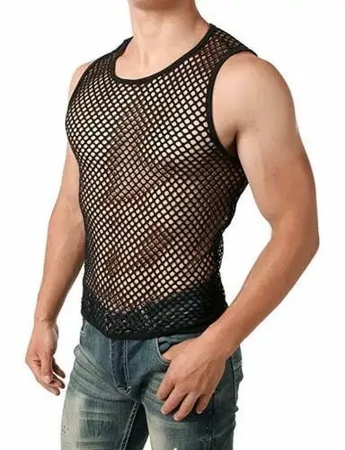 Laki-laki Panas Melihat Melalui Mesh T-Shirt Pakaian Tipis Memakai Transparan Singlet