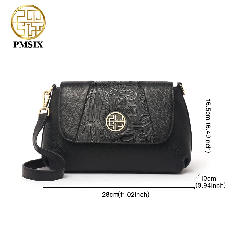 PMSIX 2020 Embossed Floral Genuine Leather Shoulder Bag Casual Black Ladies Cross-body Bag Long Straps Messenger Bags