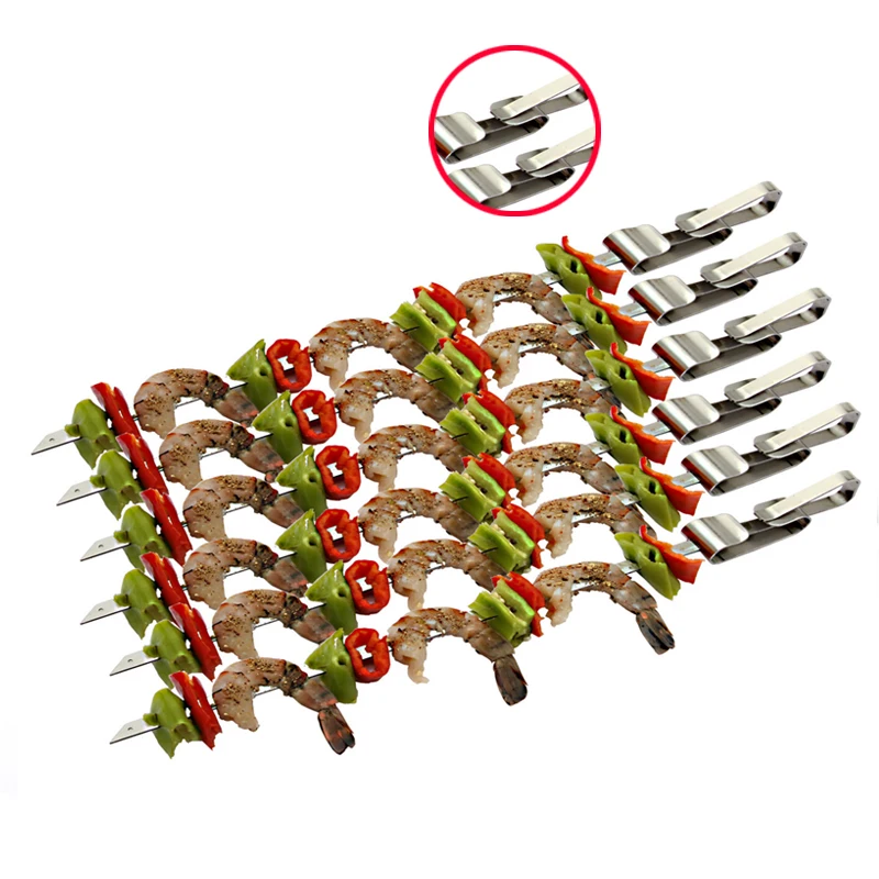 1-4pcs 43cm Heavy Stainless Steel Wide BBQ Kabob Skewer Flat BBQ Stick with Food Remover Disc Quick Release  for Shrimp Meat